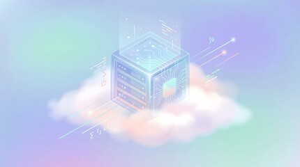 A futuristic server tower floats on a cloud amidst a vibrant digital landscape