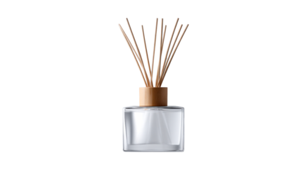 A stylish home fragrance diffuser with natural wooden reeds and a clear glass bottle provides a calming aroma for enhancing any living space or personal wellness routine.