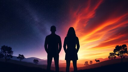 Silhouettes of a couple standing together against a dramatic sky showing both the starry night and a vibrant sunset transition over rolling hills