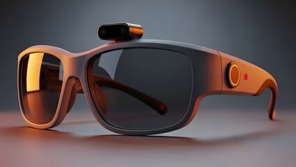Futuristic orange and black augmented reality glasses with camera on technology