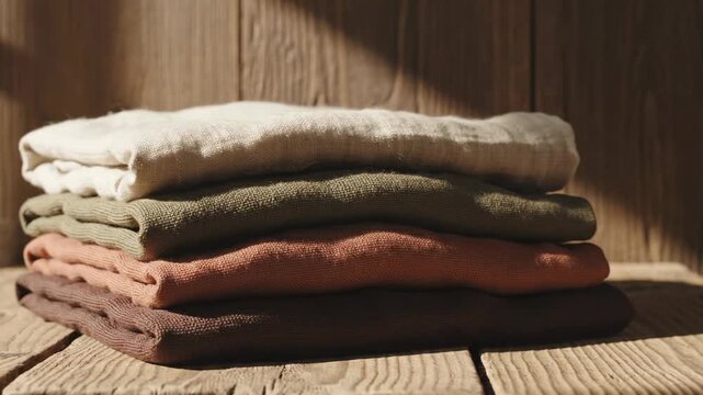Stacked towels on a wooden shelf captured in a series of detailed frames showing texture and shadows