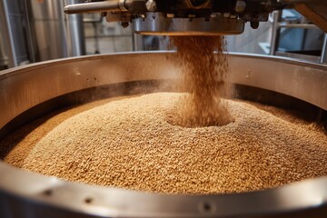 the process of grinding malt grains in a mill. The grains are processed to make beer.