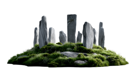Towering standing stones rise from a vibrant green natural mound dotted with wildflowers and weathered rocks representing ancient cultures and spiritual sites for diverse historical media