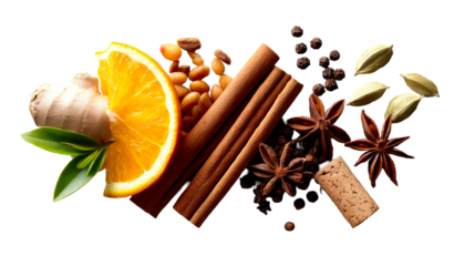 Assortment of natural aromatic spices and fresh ingredients including ginger, orange, cinnamon, star anise, peppercorns, cardamom, and nuts, ideal for culinary and beverage themed