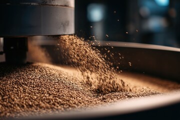 the process of grinding malt grains in a mill. The grains are processed to make beer.