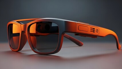Orange and black smart glasses with camera and display on a reflective surface technology