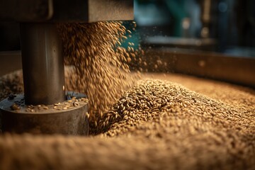 the process of grinding malt grains in a mill. The grains are processed to make beer.