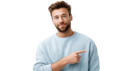 A smiling young man with a beard and blue eyes wearing a light blue textured sweater is pointing his finger to the side, suitable for marketing and promotional materials