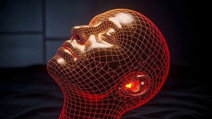 Red wireframe human head with glowing ear and mouth