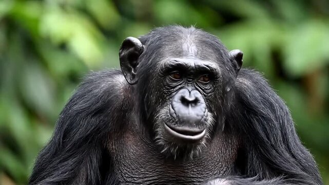 Close-up of a chimpanzee smiling in a lush green forest environment