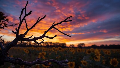 Colorful Evening Dusky Sky Over Dry Tree Branch & Sunflower Field Natural Background