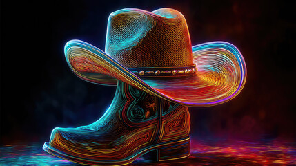 Neon-lit cowboy boot and hat on smoky reflective surface concept. Colorful cowboy boot and hat on a vibrant, glowing background.