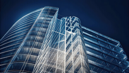 Futuristic skyscraper wireframe with digital complexity concept. Modern glass building showcasing innovative architectural design.