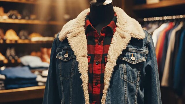 Stylish winter fashion showcase featuring denim jackets layered with cozy shearling collared shirts in warm boutique setting