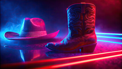 Neon-lit cowboy boot and hat on smoky reflective surface concept. Stylish cowboy boots and hat under neon lights with a smoky backdrop.