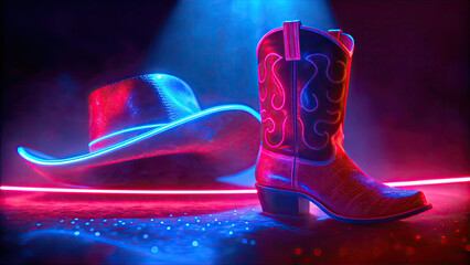 Neon-lit cowboy boot and hat on smoky reflective surface concept. Stylish cowboy boots and hat illuminated in vibrant neon lights.