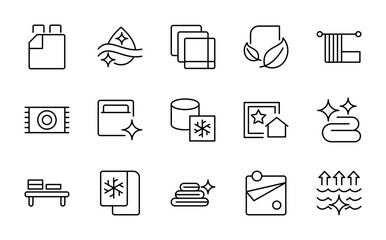 Linens line icons. Pillow, duvet, sheet, bed, mattress, blanket, towel, spool, discount, featuring washer, detergent, iron, hanger, vector icon