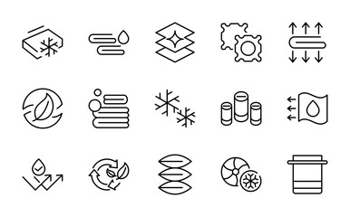 Linens line icon collection. Pillow, duvet, sheet, bed, mattress, blanket, towel, spool, discount, featuring washer, detergent, iron, hanger, vector thin icon pack