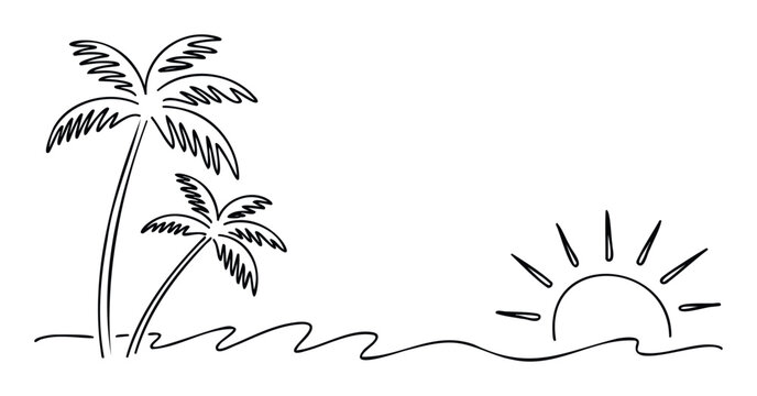 Minimalist black outline drawing of two palm trees on an island and a rising sun above gentle ocean waves, suitable for summer holiday invitations and natureinspired projects