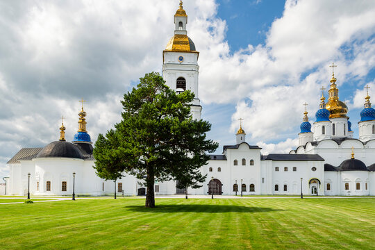 Tobolsk, Tyumen Oblast, Russia, July 22, 2025: The Cathedral Bell Tower of the Tobolsk Kremlin