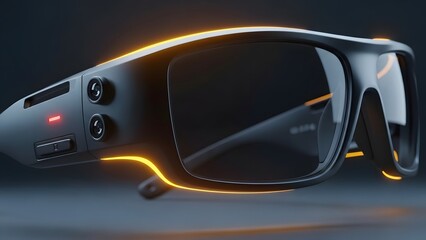 Futuristic augmented reality glasses with glowing yellow accents on dark background