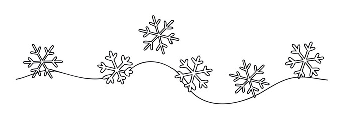 Simple line drawing of snowflakes connected by a wavy continuous line representing winter beauty and cold season perfect for holiday greetings and seasonal event decorations.