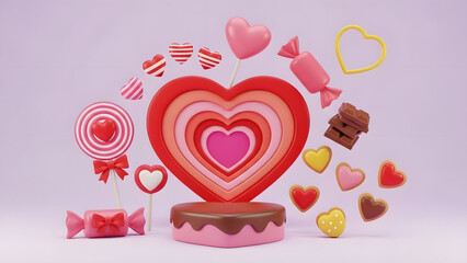 3d valentines day podium with chocolate cake base and layered heart backdrop surrounded by floating candy lollipops and sweets for product display and romantic celebration