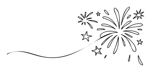 Festive black line drawing depicting sparkling fireworks and scattered stars, perfect for enhancing celebrations, events, invitations, and holiday season promotional materials.