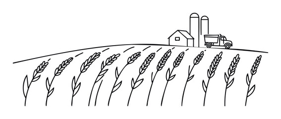Rural farming landscape depicting a field of grain crops, a farm building, silos, and a truck, ideal for agriculturerelated projects, food industry marketing, and educational resources.