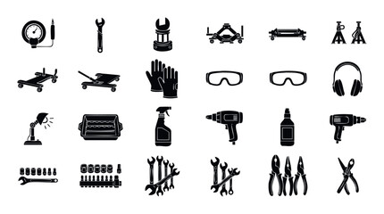 Essential garage tool and equipment icons featuring various mechanical instruments and safety gear for automotive repair shops, car service centers, and DIY mechanic projects