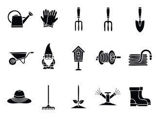 A practical set of black silhouette gardening tools and accessories, ideal for horticultural projects, outdoor leisure applications, and educational content related to planting and garden