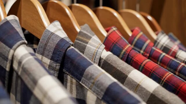 Colorful Plaid Flannel Shirts Hanging on Wooden Hangers in a Clothing Store