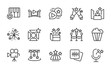 Show entertainment line icon set. Live performance, concert, stage, music, theater, festival, audience, spotlight, media events, pixel-perfect icons