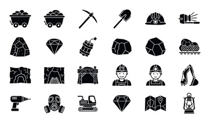 Mining industry equipment and mineral resources glyph icons perfect for industrial business presentations, educational materials, or environmental sustainability awareness campaigns.