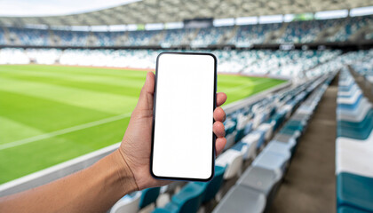 A hand holds a blank smartphone in a stadium. Perfect for displaying sports scores, betting apps, or digital tickets.