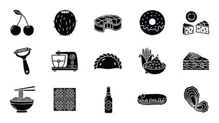 A comprehensive collection of kitchen staples, delicious meals, sweet desserts, and refreshing drinks perfect for culinary blogs, restaurant menus, or grocery store promotions