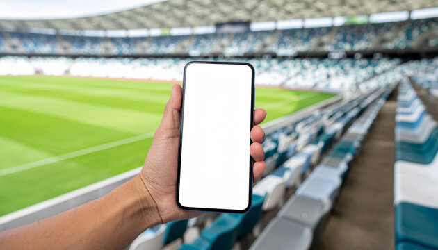 A hand holds a blank smartphone in a stadium. Perfect for displaying sports scores, betting apps, or digital tickets. - Powered by Adobe