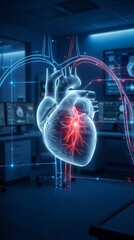 A vivid, futuristic portrayal of the human heart, radiating a vibrant glow against a cool, tech-infused backdrop, visualizing advanced medical insights and human anatomy.