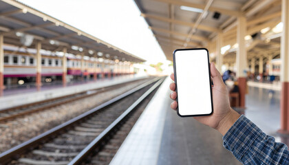 A hand holds a blank smartphone at a train station. Ready to track schedules, tickets, and routes for a seamless journey.