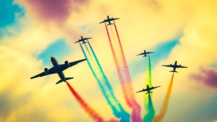 Silhouettes of multiple passenger jet aircraft performing a dynamic aerial acrobatic display leaving vibrant colorful smoke trails across a bright sky.