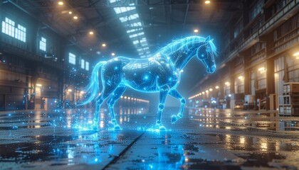 Luminous holographic horse strides through an industrial space, representing advanced artificial intelligence and the future of virtual reality and digital technology