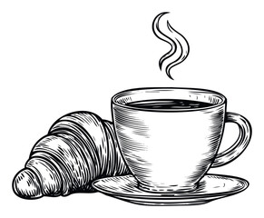 Classic breakfast scene featuring a steaming hot cup of coffee next to a delicious flaky croissant, perfect for cafe menus, bakery promotions, and morning meal advertisements.