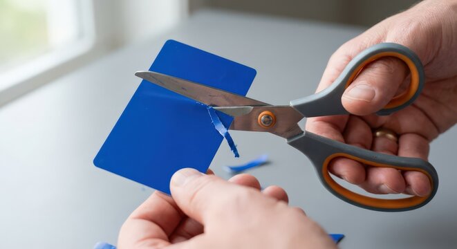 Cutting A Blue Plastic Card With Scissors In A Close-Up Shot
