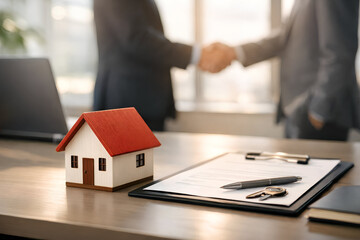 Real estate agents shaking hands over a property deal with a house model and contract on the table, symbolizing a successful transaction.