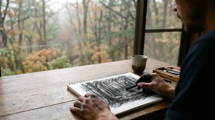 An artist immersed in creative process, sketching with charcoal and paper. The photo shows artistic expression with a serene atmosphere, where talent and tranquility come together.