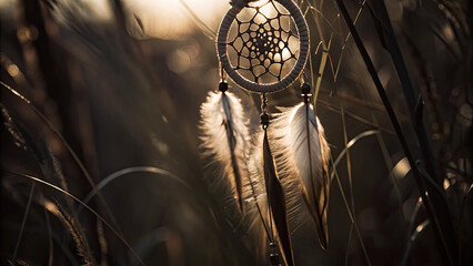 Dream catcher glowing softly in sunset light concept. A serene dreamcatcher hanging in tall grass during sunset.
