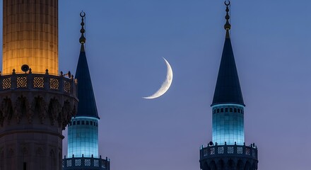 Crescent moon over mosque minarets at dusk.