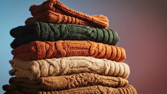 Stacked colorful knitted sweaters neatly arranged to display various textures and warm tones for cozy fashion inspiration