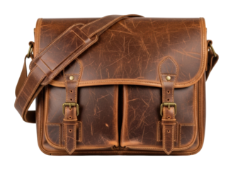Vintage leather messenger bag product warm isolated on transparent background