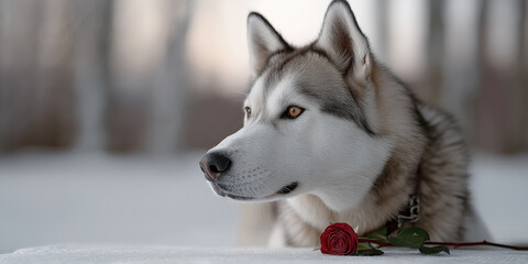 Side view of husky dog with blue eyes lying on snow, red rose beside, winter forest background, calm and gentle mood